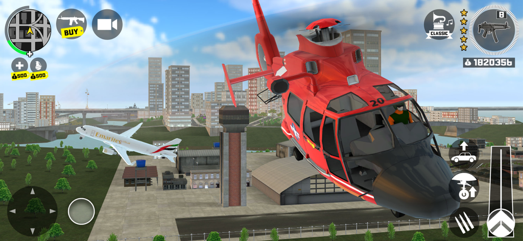 Gameplay screenshot of Grand Heist Online 2 showing a red helicopter flying over a city airport