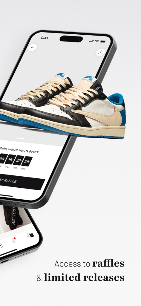 Écran de l'application BSTN Store pour les tombolas de baskets et les sorties limitées