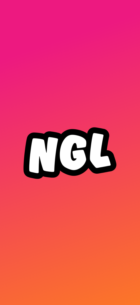 NGL app logo with bold white text on a vibrant pink and orange gradient background