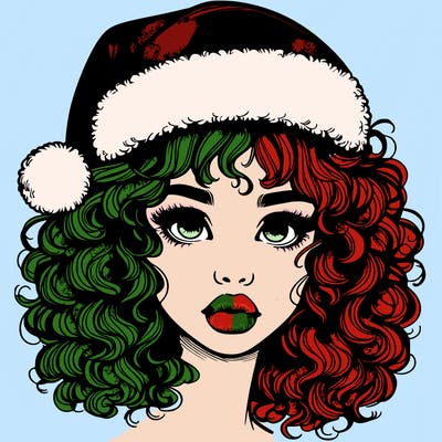 realistic girl with a santa hat curly hair and lips