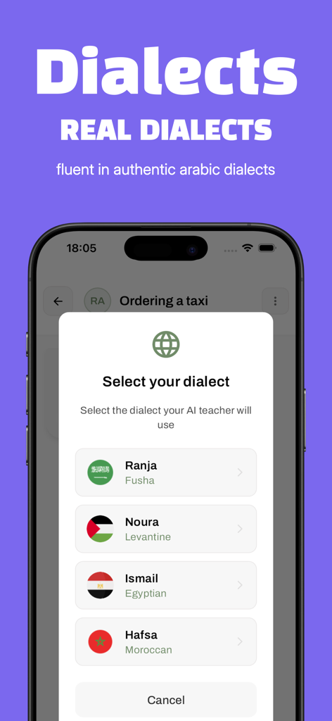 Yallah Speak - Talk Arabic AI - Fusha, Levantine, Egyptian, Moroccan을 포함한 다양한 아랍어 방언을 선택하는 메뉴를 보여주는 Yallah Speak 앱의 모바일 인터페이스