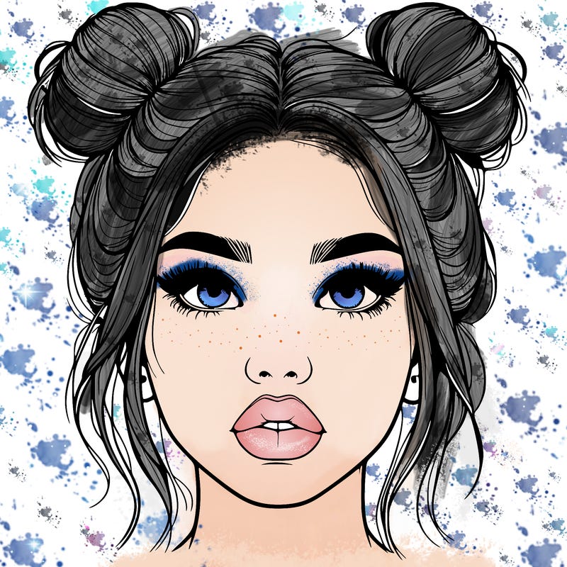realistic girl with two buns on her hair and lips