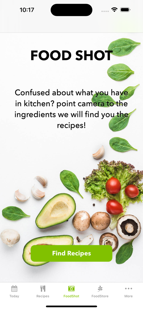 Weight Loss Recipe Book - App screen showing the Food Shot visual search feature to find recipes by scanning ingredients