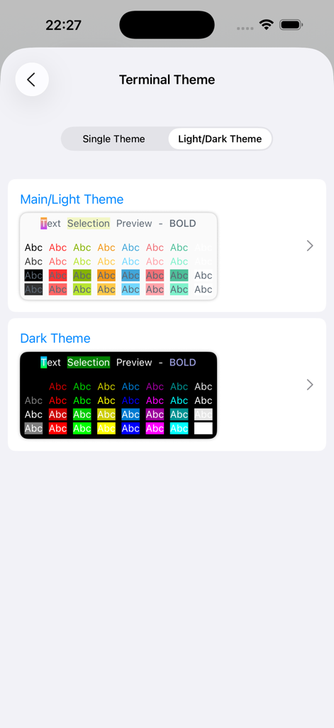 Secure Terminal - Terminal theme customization options with light and dark mode color previews