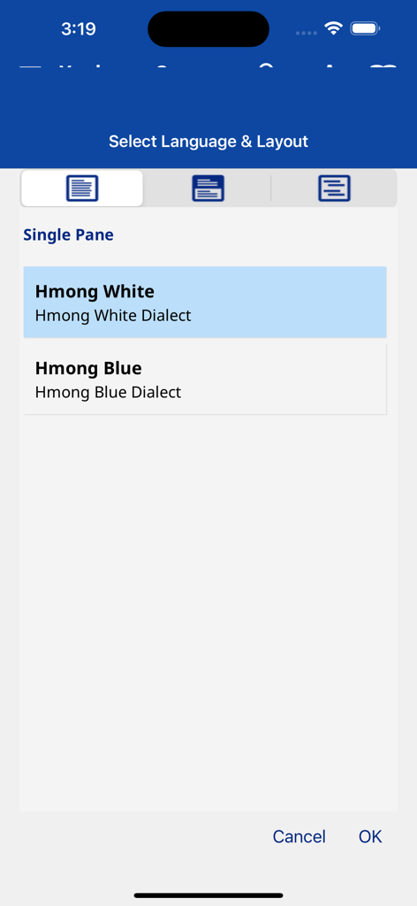 Hmong Bible - Interface de l'application Bible Hmong montrant la sélection de la langue et de la mise en page pour les dialectes Hmong Blanc et Hmong Bleu.