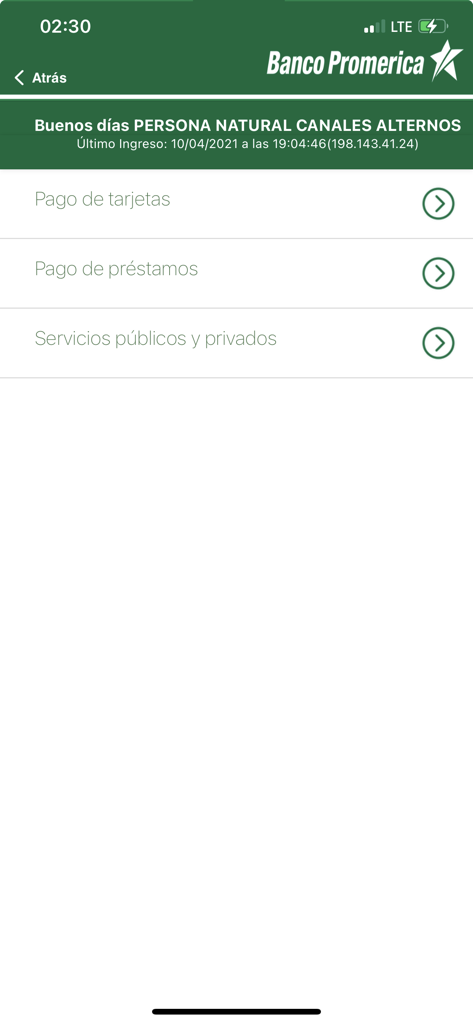 Banco Promerica Móvil app interface showing payment options for cards, loans, and utilities in Spanish.