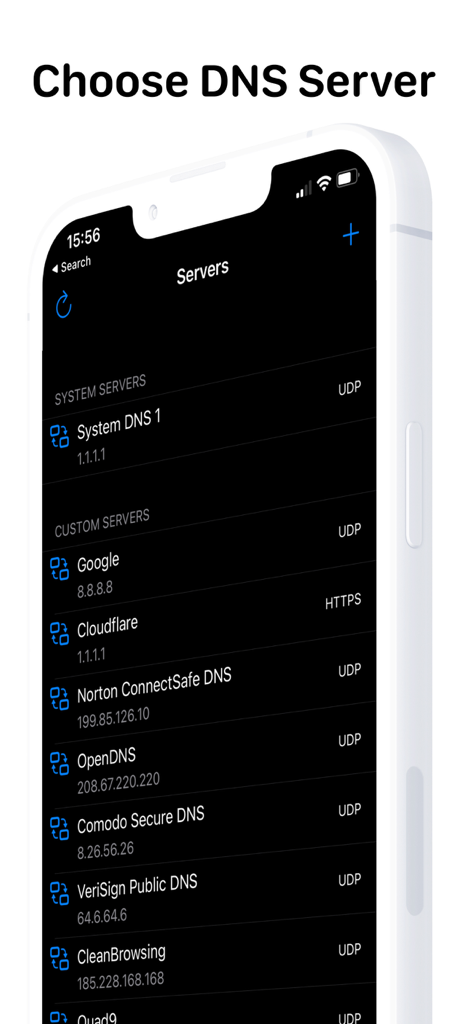 DNS Client - Un'interfaccia mobile dall'app DNS Client che mostra un elenco di server DNS di sistema e personalizzati, inclusi Google e Cloudflare.
