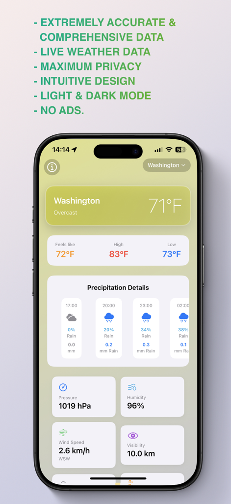 A modern weather application interface on iPhone showing current temperature precipitation and atmospheric data for Washington