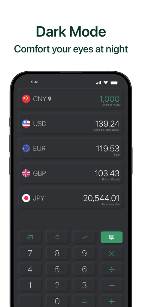 Currency - batch converter - Currency converter app interface in dark mode displaying multiple exchange rates including USD, EUR, and GBP