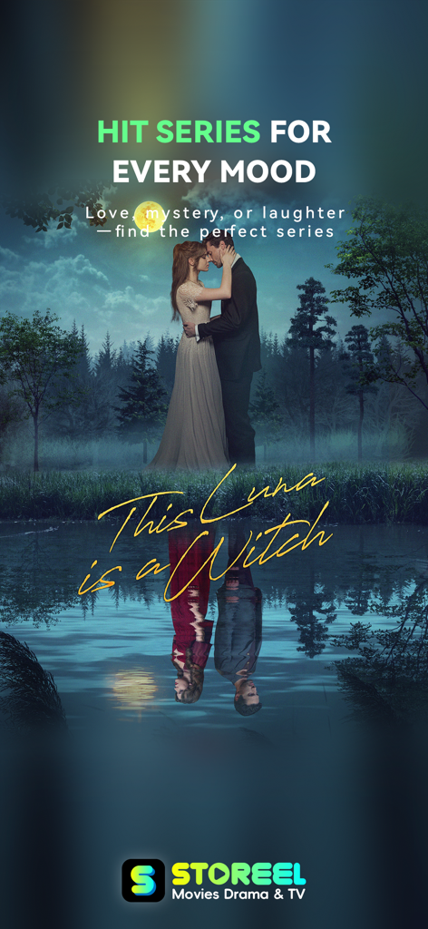 Pantalla promocional de la aplicación StoReel que presenta una serie de drama corto de romance sobrenatural titulada This Luna is a Witch.