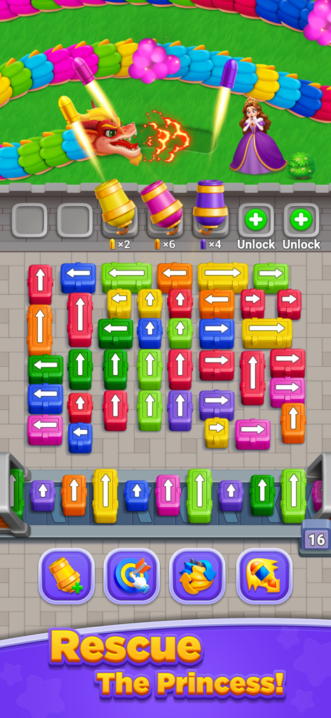 Princess Protect: Dragon Wars - Princess Protect Dragon Wars gameplay screen showing a color matching arrow puzzle and a princess being rescued from a dragon
