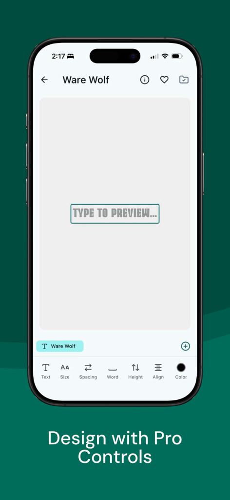 TextKit: Fonts & Status Editor - Interfaz de la aplicación TextKit mostrando controles profesionales de diseño de fuentes para tamaño, espaciado y alineación en un iPhone.