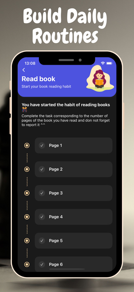 Habit Master - Track Daily - Interface of the Habit Master app showing a checklist for tracking progress on a book reading habit