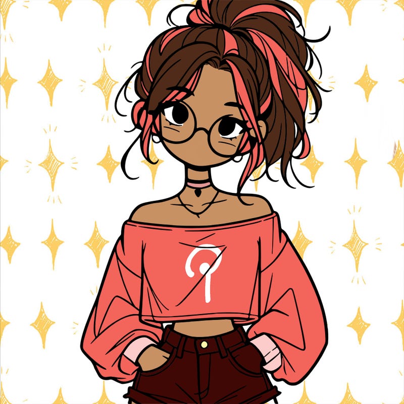 girl with a messy ponytail glasses a baggy crop top and jean shorts