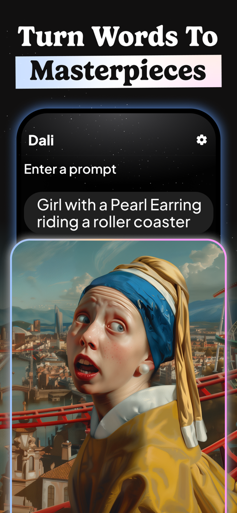 Dali AI app interface showing a text prompt transformed into a digital art masterpiece of a girl on a roller coaster