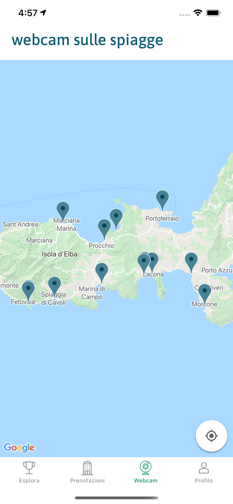 Elba Beaches - Una mappa dell'Isola d'Elba che mostra i segnaposto delle webcam live delle spiagge