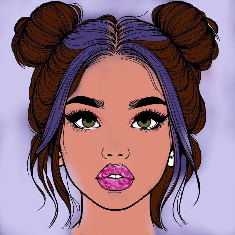 realistic girl with two buns on her hair and lips