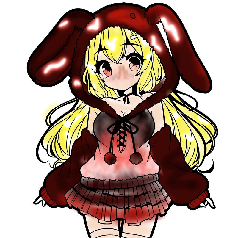 pretty anime girl wearing a fluffy hoodie with bunny ears on the hood and a skirt