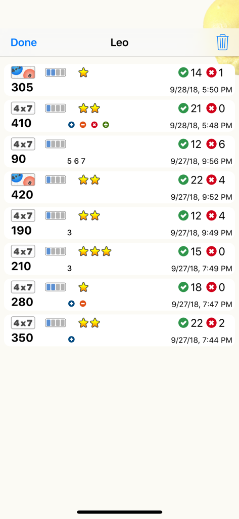 Math games for kids. - A list of historical math game results showing scores and accuracy for a player in AB Math.