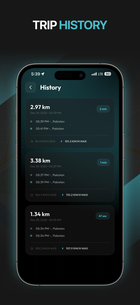 Pantalla de smartphone mostrando un registro detallado del historial de viajes con estadísticas de distancia, duración y velocidad media.