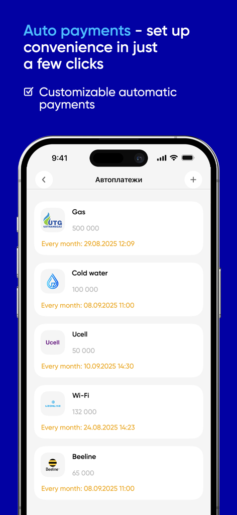 OSON app interface displaying customizable automatic payments for gas water and mobile services