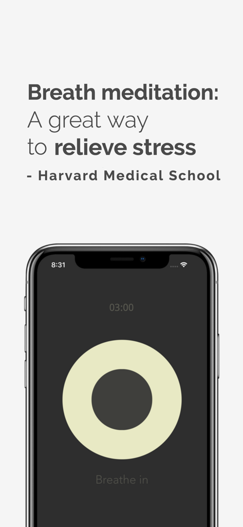 Steady paced breathing app interface with a quote from Harvard Medical School about stress relief