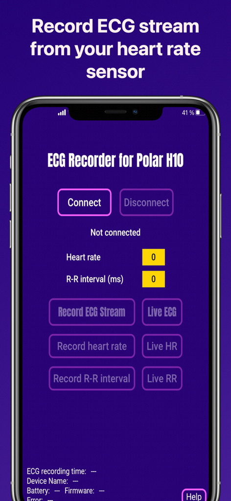 ECG Recorder for Polar H10 - Main interface of the ECG Recorder for Polar H10 app showing connection and recording options