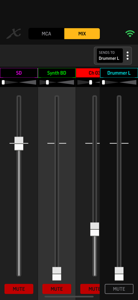 MX-Q app interface showing vertical channel faders for personal monitor mixing