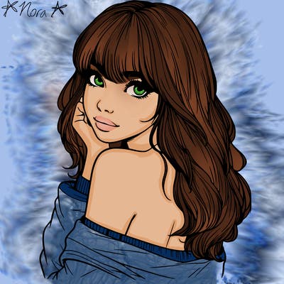 realistic girl with bangs looking over her shoulder