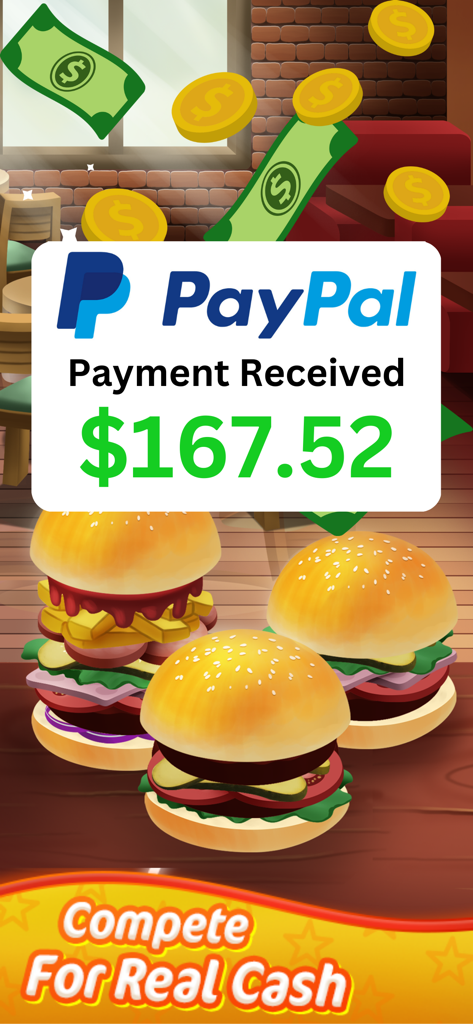 Real Money Cooking Skillz Game - Una captura de pantalla de un juego móvil para Real Money Cooking Skillz Game que muestra hamburguesas y una notificación de PayPal por un premio en efectivo.