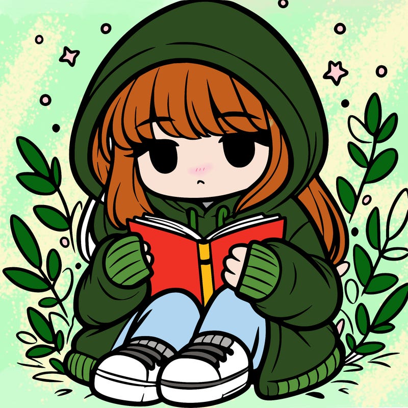 girl in oversized hoodie reading a book