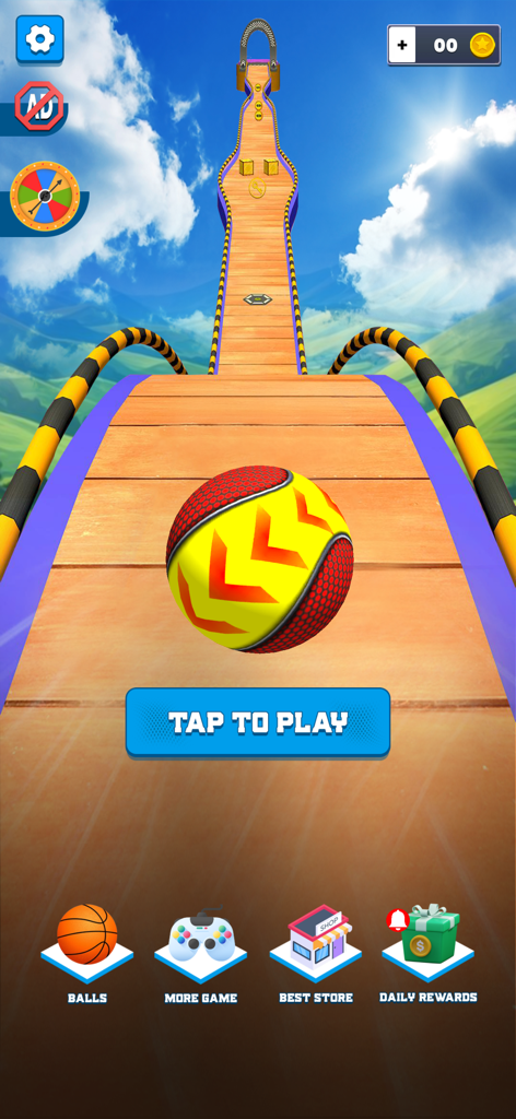 Rolling Sky: Balls Racing Game - 메인 메뉴 Rolling Sky Balls Racing Game, 탭하여 플레이 버튼이 있는 높은 하늘 트랙에 3D 공이 특징입니다.