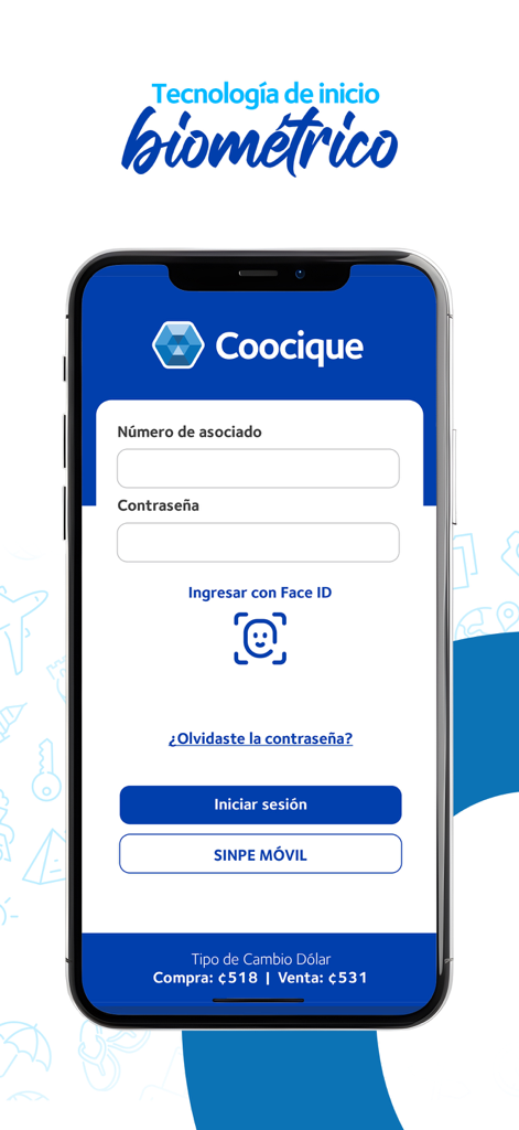 Coocique - Coocique mobile banking app login screen featuring Face ID and biometric access.