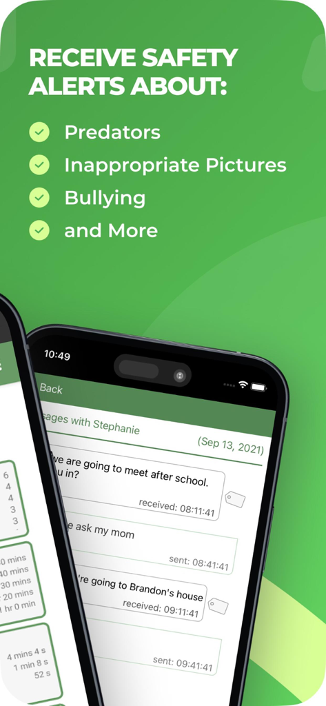 MMGuardian Parental Control - Interface de l'application MMGuardian affichant des alertes de sécurité pour prédateurs et harcèlement, ainsi que des journaux de SMS surveillés