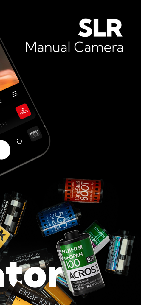 FilmRoll - Film Camera Recipe - Interface of FilmRoll app showing SLR manual camera controls and 35mm film canisters