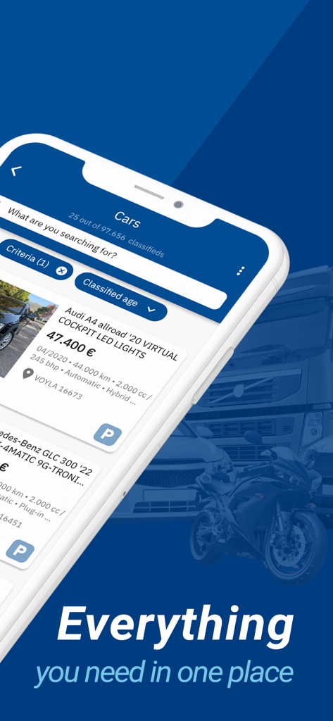 Car.gr - Screenshot mobile dell'app Car.gr che mostra annunci di auto usate e lo slogan Tutto ciò di cui hai bisogno in un unico posto