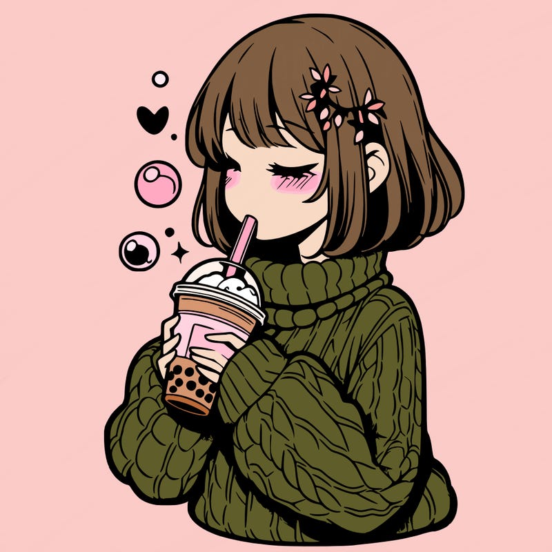 manga girl drinking boba in cozy sweater