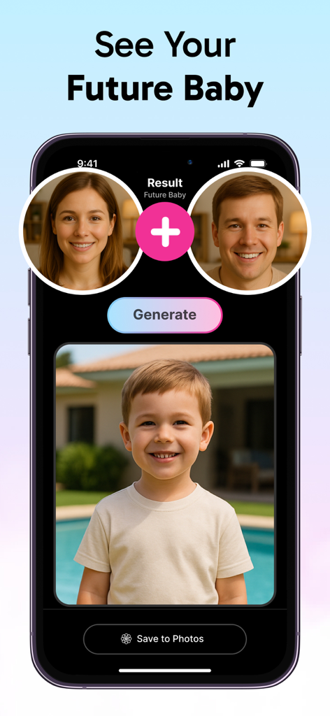 Mobile app interface showing an AI generated child from photos of two parents