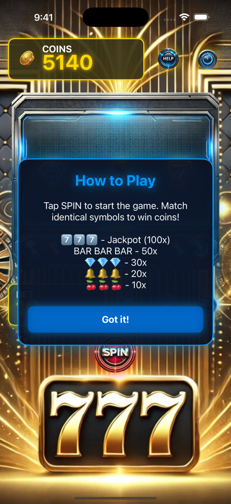 ReelFusion - How to Play screen in the ReelFusion app showing slot machine symbol payouts and futuristic neon design