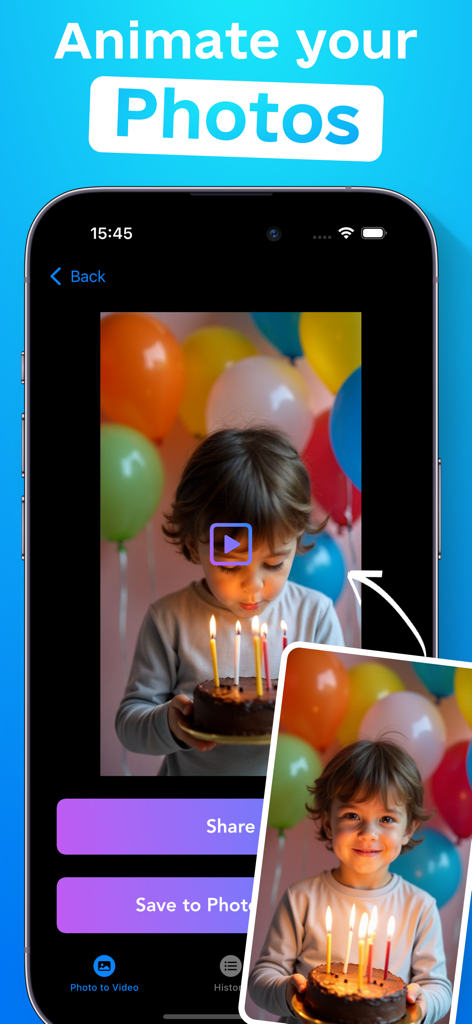 My Video AI - Image To Video - My Video AI app interface showing a birthday photo being transformed into an animated video