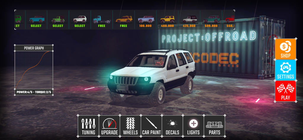[PROJECT:OFFROAD][20] - Menú de personalización de vehículos en Project Offroad con un SUV blanco y opciones de ajuste mecánico