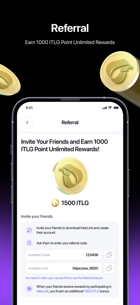 Referral screen of the InterLink Network app showing invitation codes and ITLG point rewards