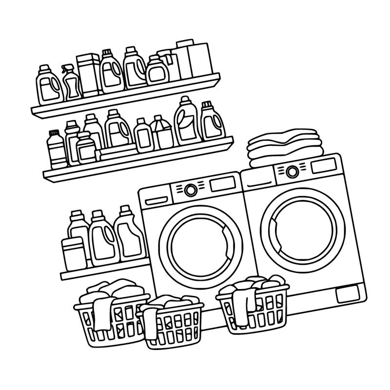 laundry room with clothes shelves with laundry products washer and dryer