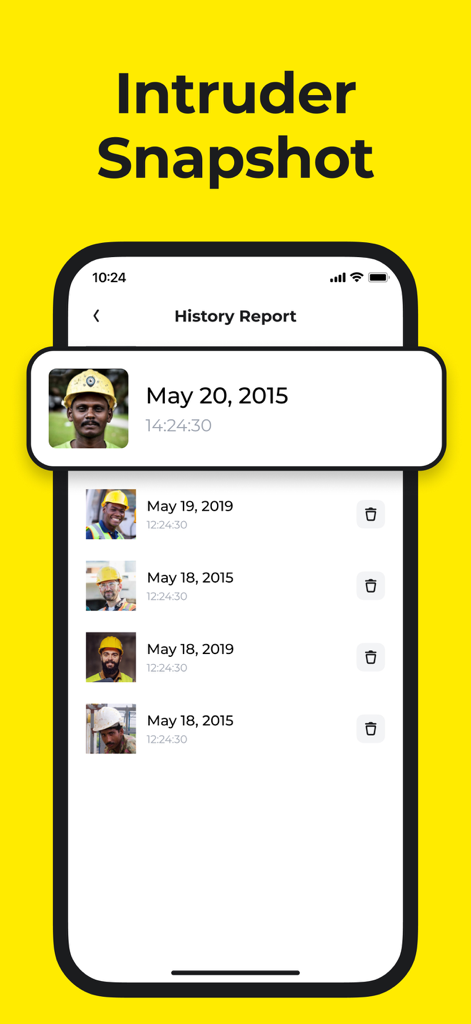 Clap Detector: Find My Phone - Intruder snapshot history report showing photos of unauthorized users and timestamps.