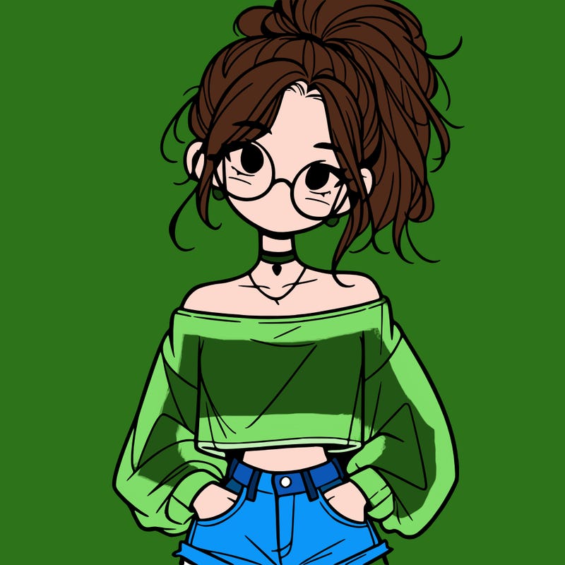 girl with a messy ponytail glasses a baggy crop top and jean shorts