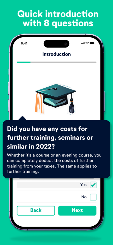 Smartphone screen displaying a tax deduction question about training costs in the wundertax app