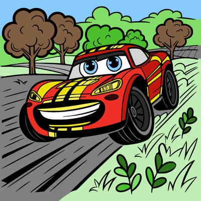 big print fast car with the eyes on and speeding on road in the field with trees