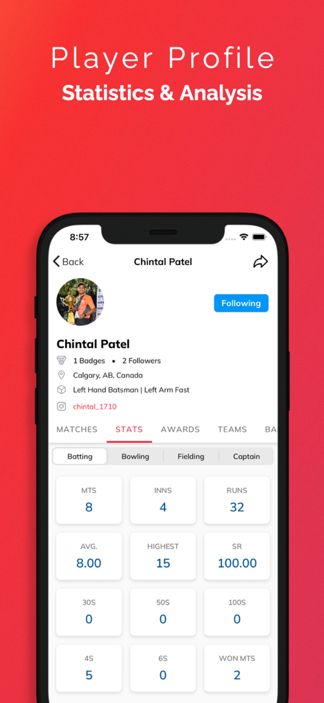 CrickPro - Cricket Scoring App - CrickPro mobile app interface showing a cricket player profile with detailed batting statistics and career analysis