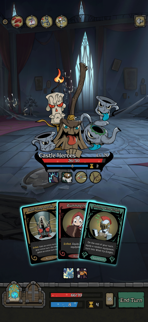 Night of the Full Moon - Una batalla estratégica de cartas en Night of the Full Moon con el enemigo Héroes del Castillo y una mano de tres cartas del jugador