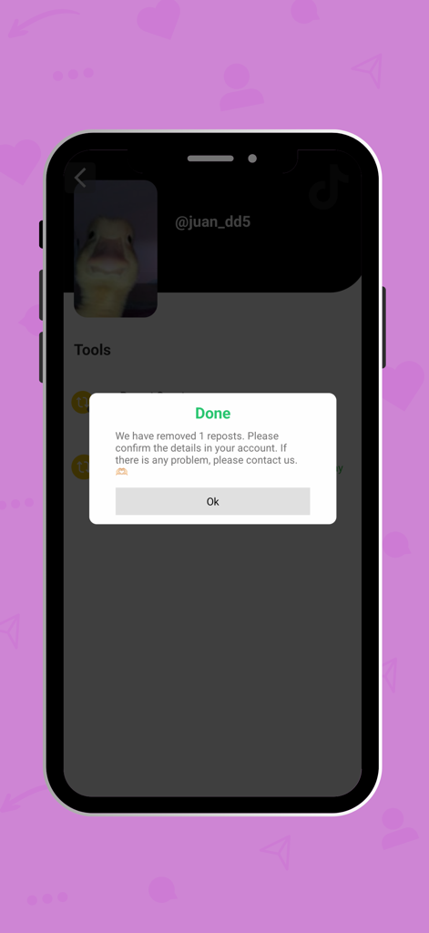 Confirmation screen in the SocialAut app showing the successful removal of a TikTok repost